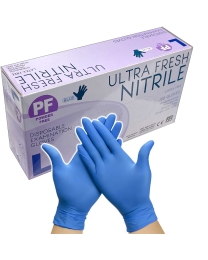 Main view of the product, 1 box of the product with a pair of blue gloves being worn "Blue Nitrile Powder Free Gloves Ultra Fresh"